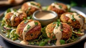 Golden crispy baked falafel with tahini sauce on parchment lined baking sheet