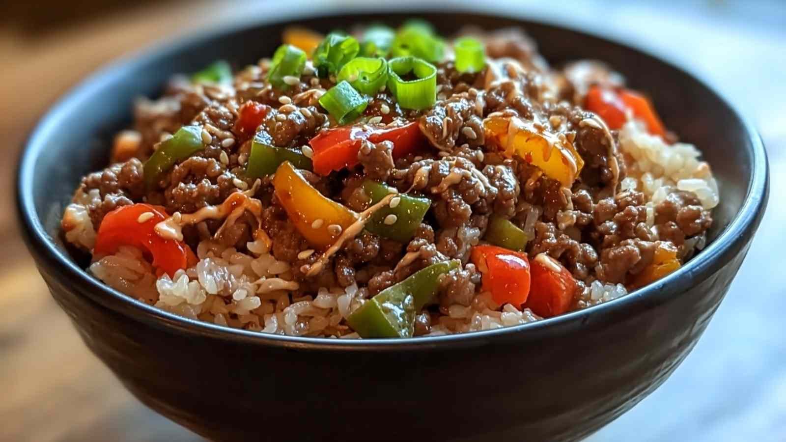 Beef pepper rice bowl with ground beef, bell peppers and rice garnished with green onions