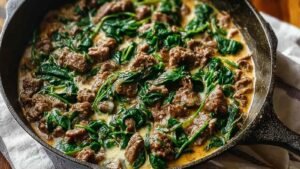 Fresh ingredients for Beef and Spinach Skillet including ground beef, spinach, and cream arranged on counter