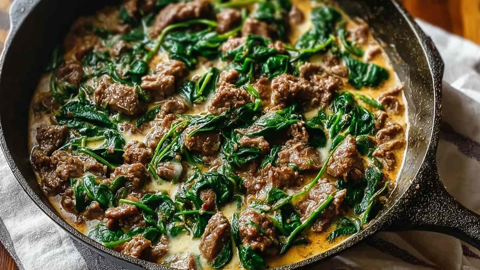 Fresh ingredients for Beef and Spinach Skillet including ground beef, spinach, and cream arranged on counter