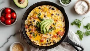 High-protein breakfast burrito cut in half showing scrambled eggs, chicken, black beans and cheese filling
