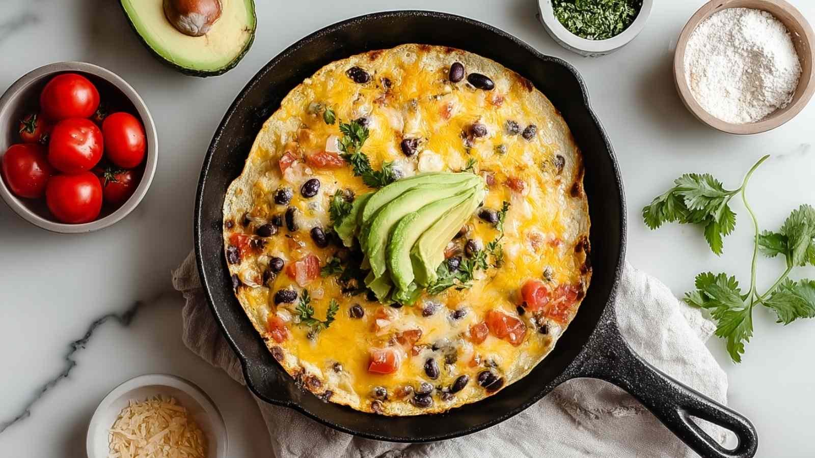High-protein breakfast burrito cut in half showing scrambled eggs, chicken, black beans and cheese filling