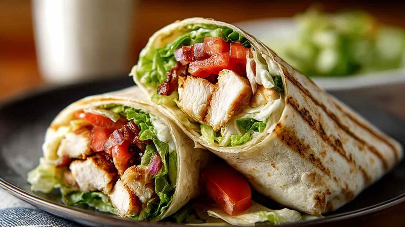 High protein Chicken BLT wrap cut in half showing layers of chicken, bacon, lettuce and tomato