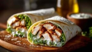 Chicken Caesar wrap ingredients laid out with seasoned chicken, homemade Caesar dressing, and fresh romaine lettuce