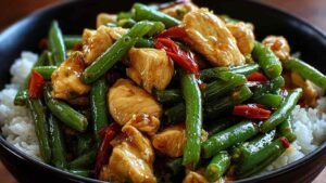 Chicken and Green Bean Stir-Fry served over rice in white bowl