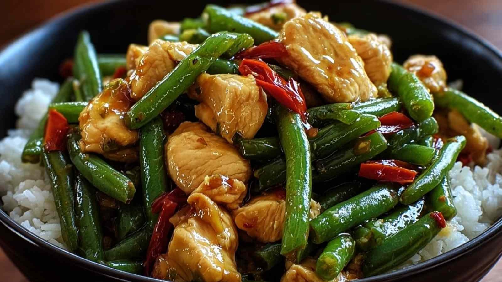 Chicken and Green Bean Stir-Fry served over rice in white bowl