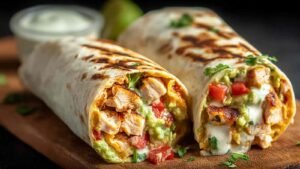 Sliced chipotle ranch grilled chicken burrito ingredients on wooden cutting board