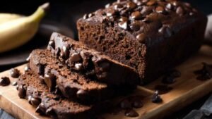 High protein chocolate banana bread sliced on wooden cutting board