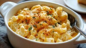 Creamy high protein cottage cheese mac and cheese in white bowl with fork