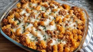 Golden cottage cheese protein pasta bake with melted cheese and fresh parsley garnish