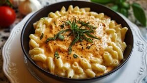 Creamy high protein cottage cheese pasta sauce served over penne pasta with fresh herbs
