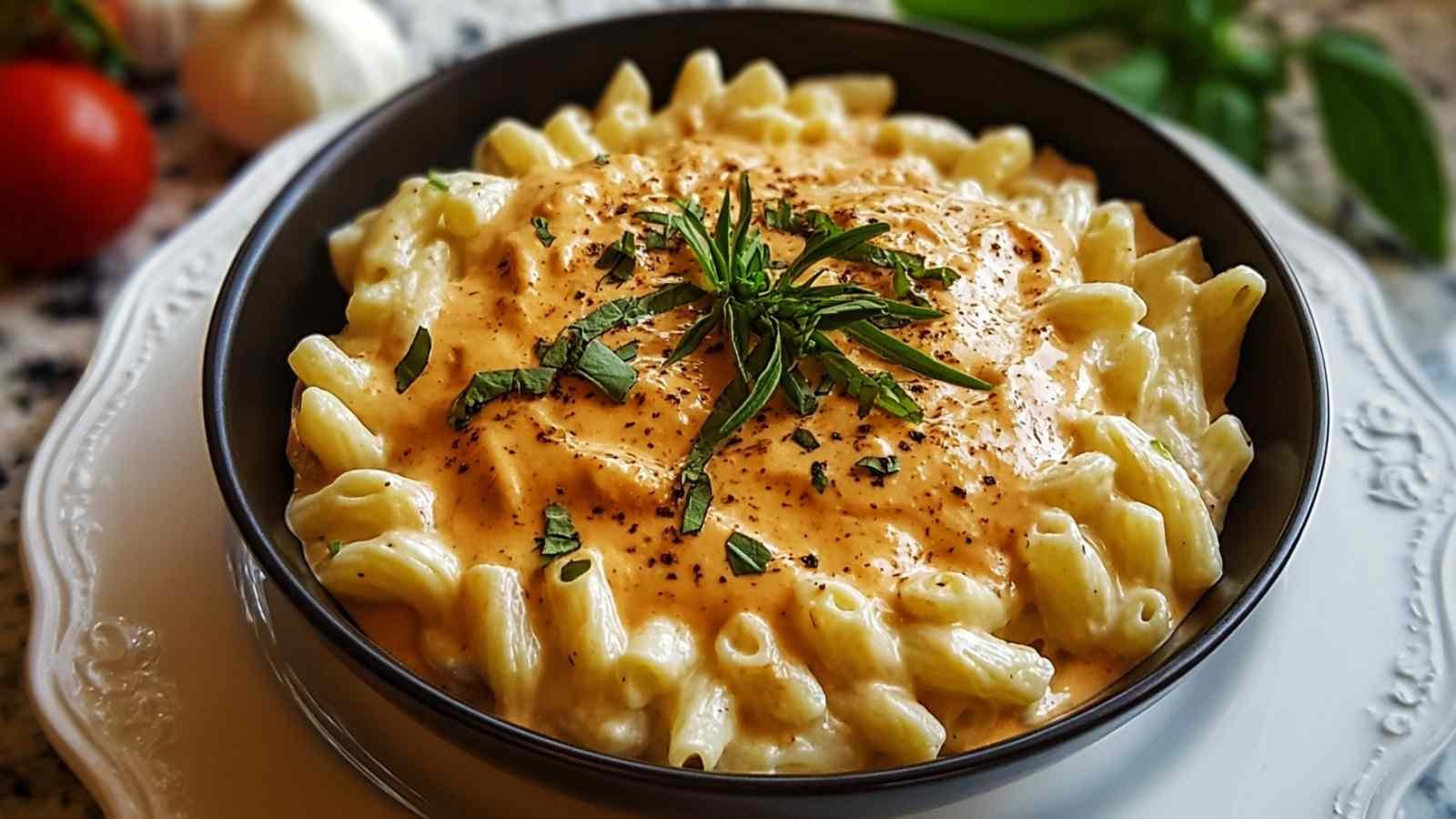 Creamy high protein cottage cheese pasta sauce served over penne pasta with fresh herbs