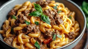 High-protein creamy beef pasta with chickpea pasta and lean ground beef in large skillet