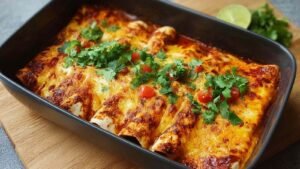 High protein creamy chilli chicken enchiladas topped with sour cream and cilantro on white plate