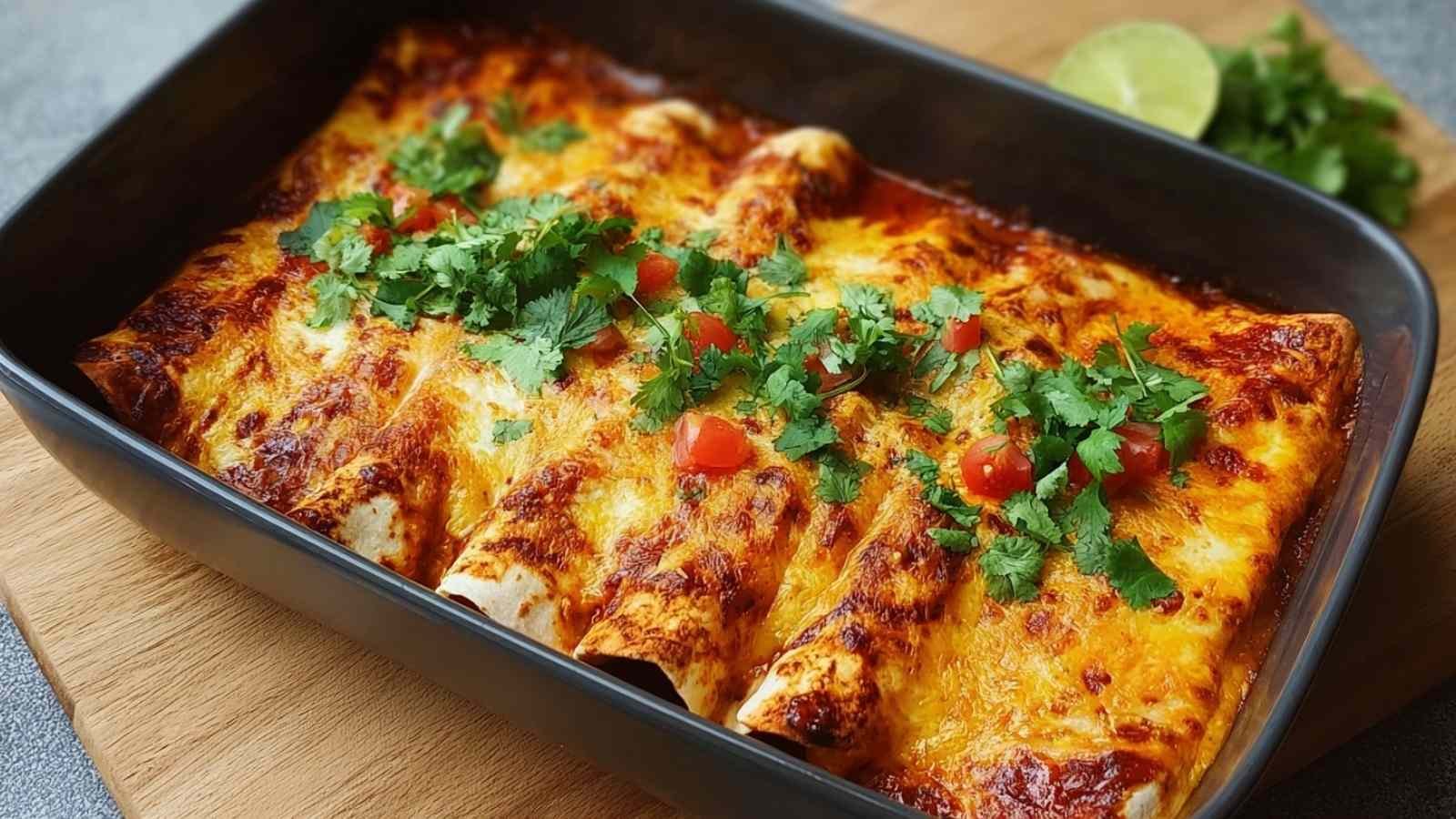 High protein creamy chilli chicken enchiladas topped with sour cream and cilantro on white plate