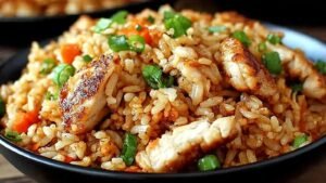 High protein crispy garlic chicken fried rice in a large skillet with golden chicken pieces