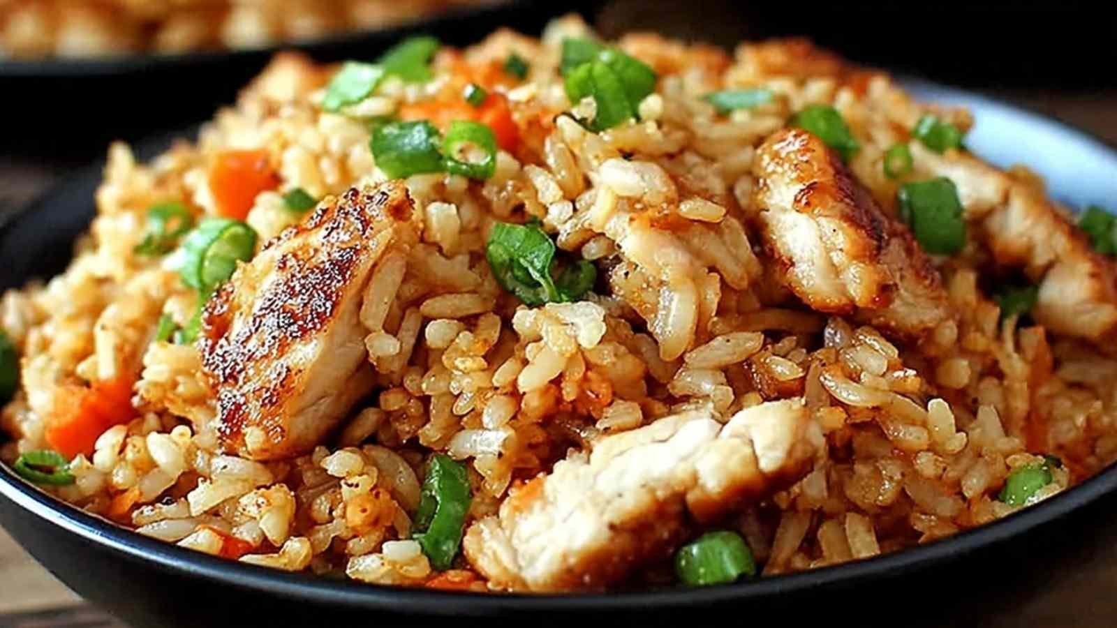 High protein crispy garlic chicken fried rice in a large skillet with golden chicken pieces
