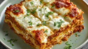 High protein cottage cheese lasagna slice showing creamy layers and melted cheese