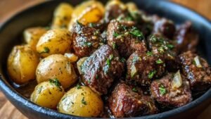 Garlic Butter Beef Bites and Potatoes cooking in slow cooker with rich garlic butter sauce