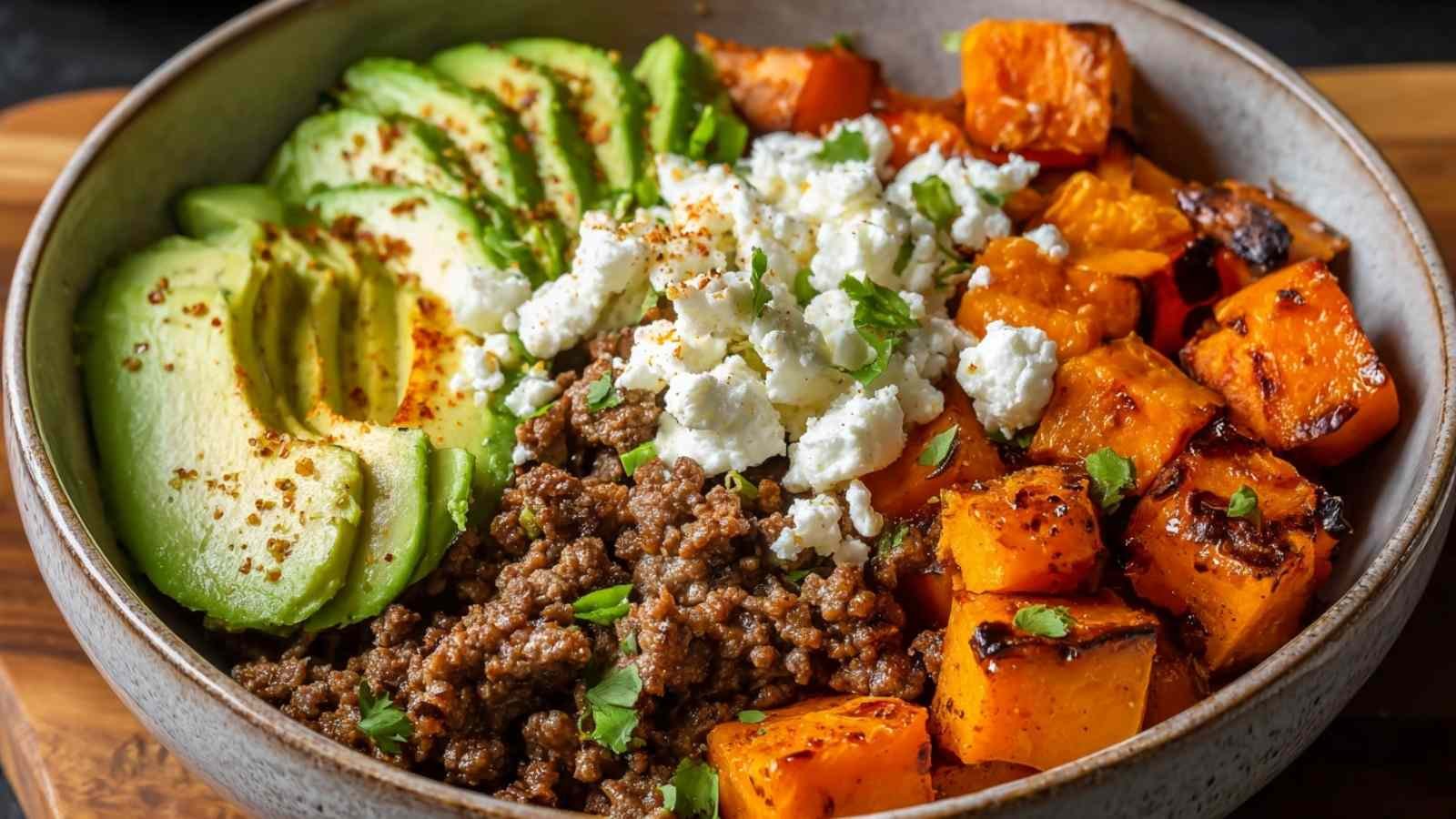 Ground beef hot honey bowl with sweet potatoes cottage cheese and avocado