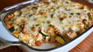 Golden bubbly ground turkey zucchini casserole in baking dish with melted cheese on top