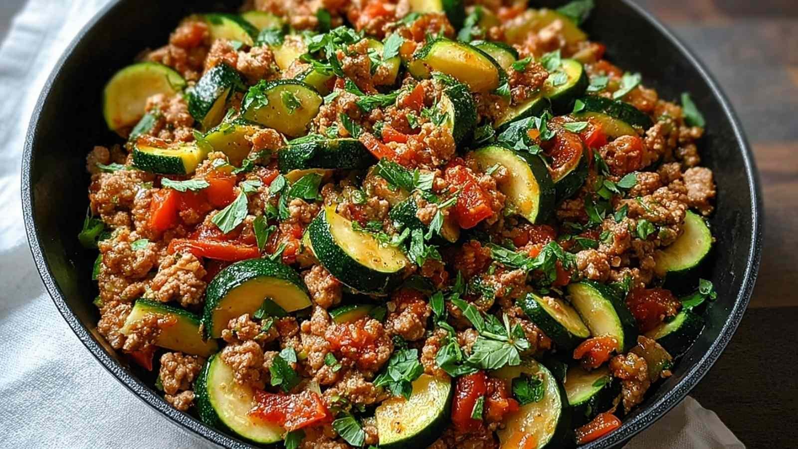Ground turkey zucchini skillet ingredients laid out including diced zucchini, ground turkey, and bell peppers