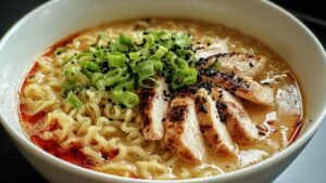 Marry Me Chicken Ramen with creamy Parmesan tomato sauce and tender chicken in large skillet ready to serve