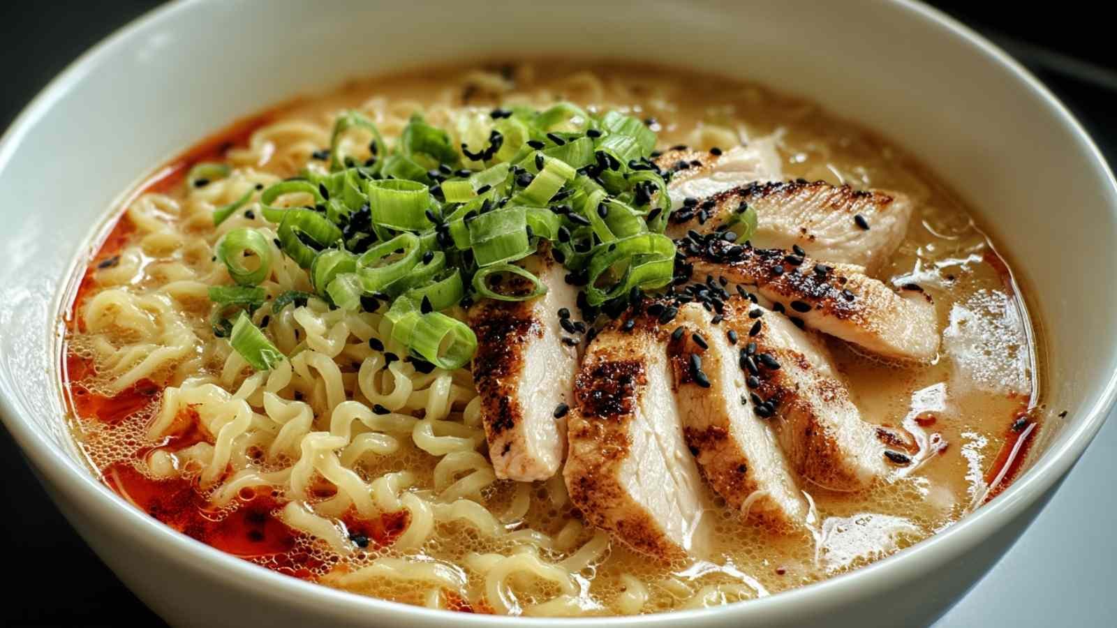 Marry Me Chicken Ramen with creamy Parmesan tomato sauce and tender chicken in large skillet ready to serve