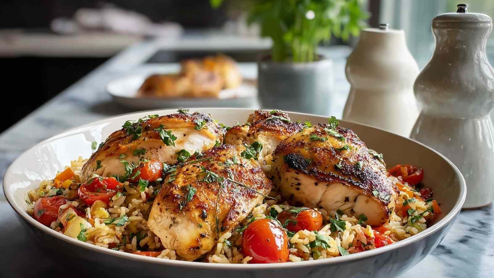 High Protein Mediterranean Chicken with cherry tomatoes and feta on white plate