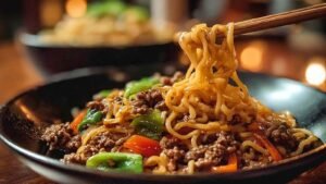Mongolian Ground Beef Noodles with glossy sauce coating linguine in large skillet