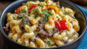 High-protein creamy Philly cheesesteak mac and cheese in cast iron skillet with melted cheese