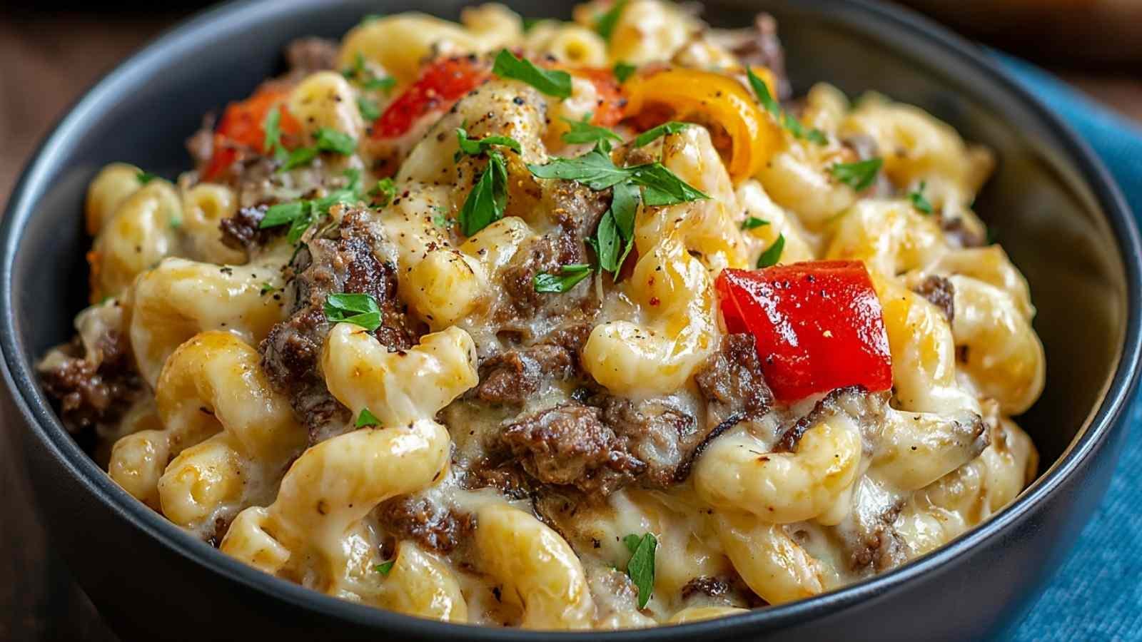 High-protein creamy Philly cheesesteak mac and cheese in cast iron skillet with melted cheese
