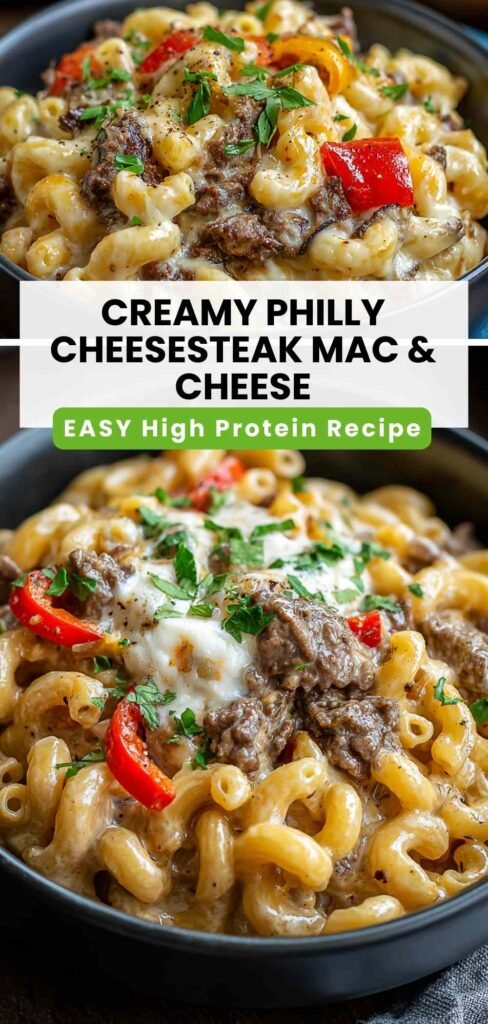 High Protein Philly Cheesesteak Mac Cheese