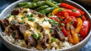 High protein Philly cheesesteak rice bowl with steak, cheese sauce, and vegetables
