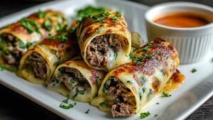 High protein Philly cheesesteak roll-ups golden brown and sliced on white serving plate