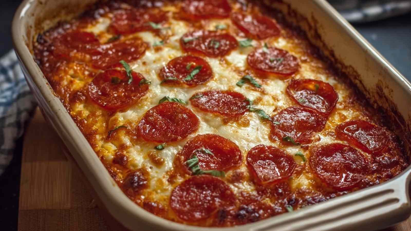 Pizza style cottage cheese bake mixture in baking dish before cooking with pepperoni on top