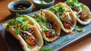 Smash dumpling tacos cooking in pan with crispy golden tortillas and seasoned pork