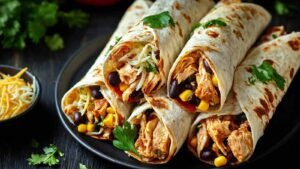 Macro-friendly southwest chicken roll ups sliced diagonally showing high protein filling