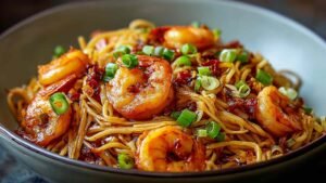 Spicy Szechuan Shrimp and Noodles served in white bowl with chopsticks