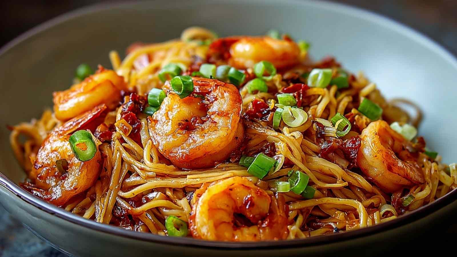 Spicy Szechuan Shrimp and Noodles served in white bowl with chopsticks