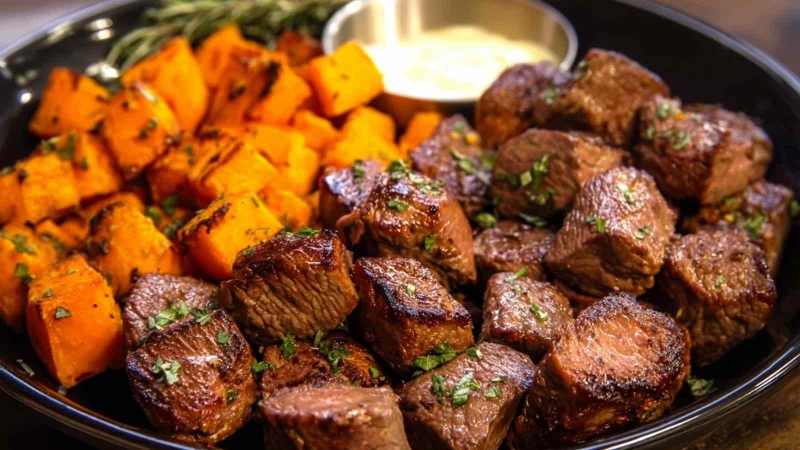 Finished steak bites with sweet potatoes garnished with parsley showing golden brown sear