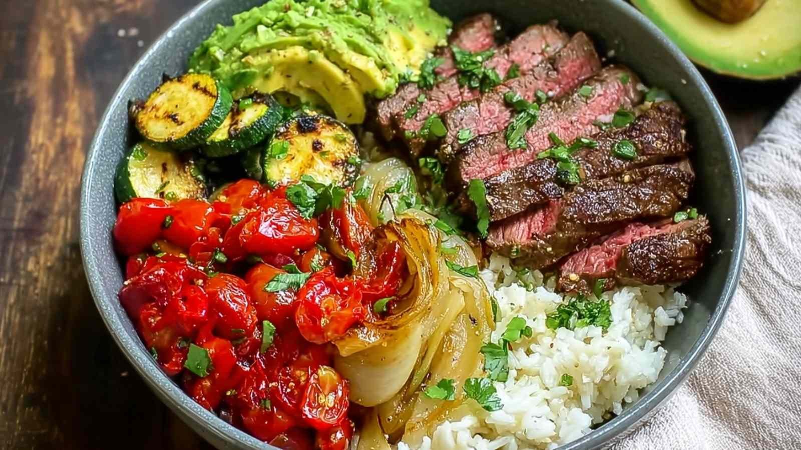 High protein steak fajita bowl with chipotle marinated steak and cauliflower rice