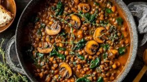 Vegan lentil mushroom stew served in white bowl with fresh parsley garnish showing hearty texture
