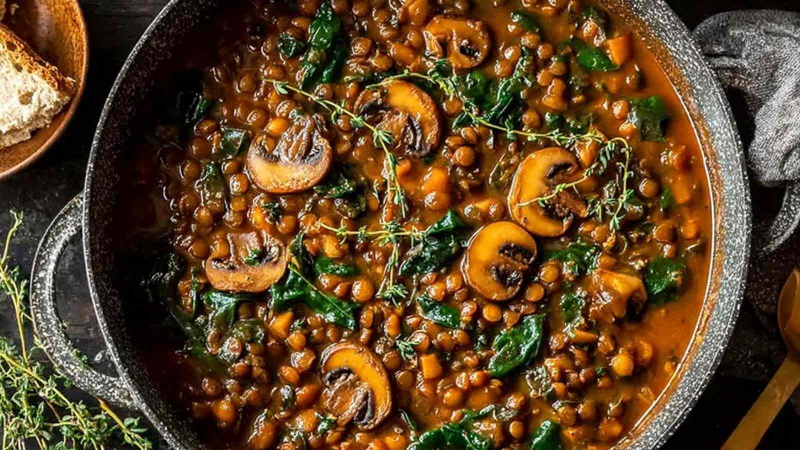 Vegan lentil mushroom stew served in white bowl with fresh parsley garnish showing hearty texture