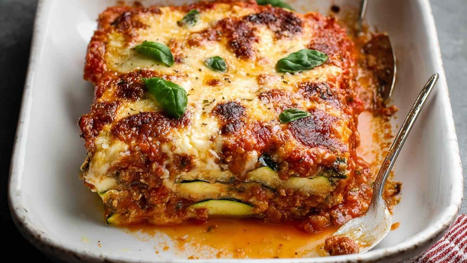 Slice of baked zucchini lasagna no noodles showing protein-packed layers with melted cheese and roasted zucchini
