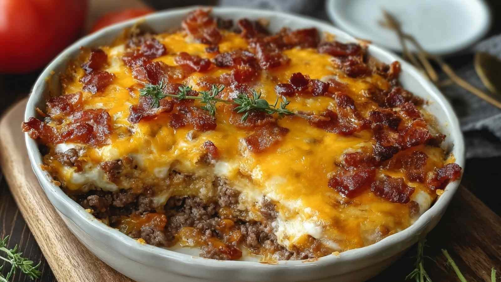 Low-Carb Bacon Cheeseburger Casserole baked with golden cheddar