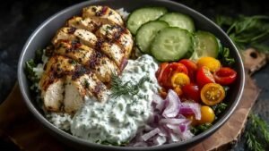 Mediterranean Chicken Tzatziki Bowls with marinated chicken and fresh vegetables