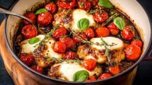 One pan balsamic chicken with melted mozzarella and tomatoes in cast iron skillet