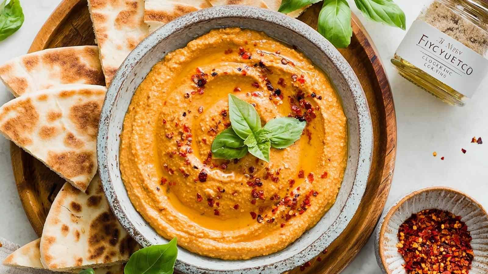 Pizza hummus dairy free ingredients being processed in food processor with nutritional yeast and garbanzo beans