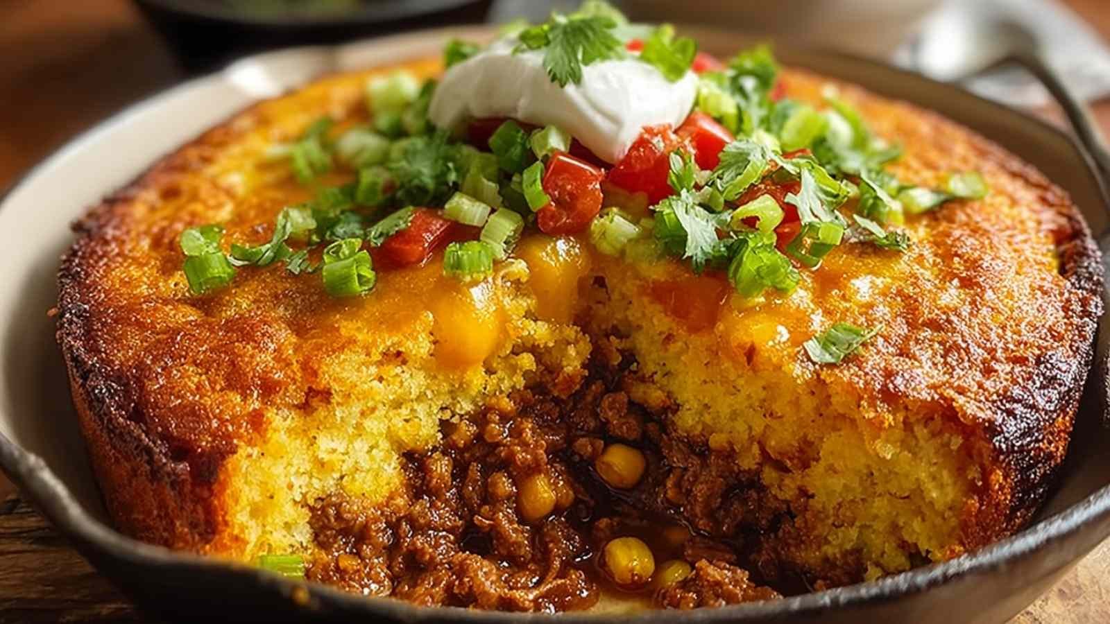 Texas Tamale Pie with golden cornmeal topping and bubbling edges
